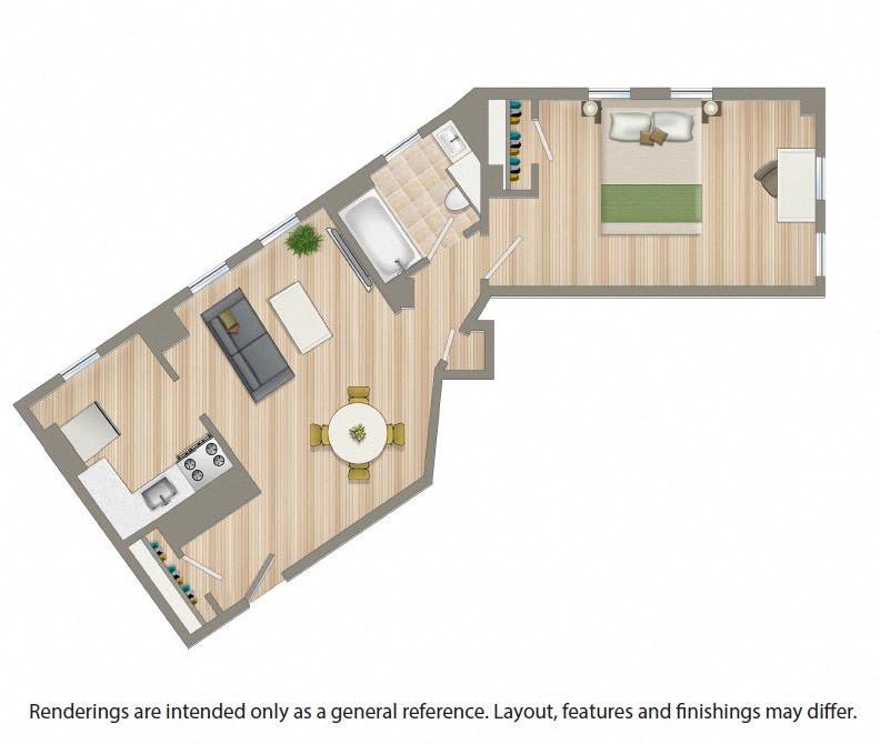 Floor plan for 1 bed, 1 bath, 550 sqft